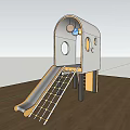 Modern Playground Equipment With Small Cabin Circular Windows Slide And Ladder On Wooden Floor
