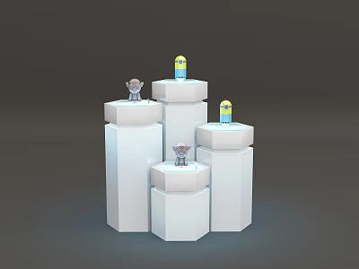 White Display Shelves With Various Heights And Geometric Shapes Holding Small Figurines And Yellow Bottles 3d model
