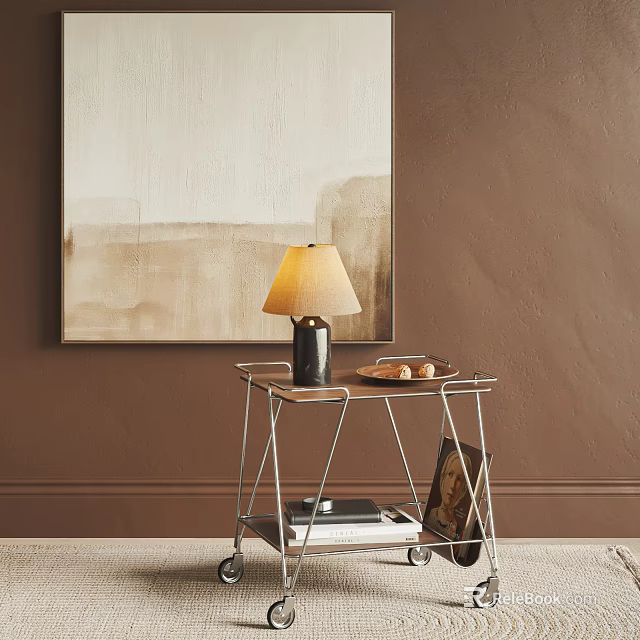 Modern Metal Frame Side Table With Table Lamp Tray Pastries And Wall Artwork 3d model 