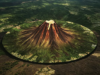 Aerial View of Circular Volcanic Landscape With Snowy Peak And Lush Green Vegetation 3d model