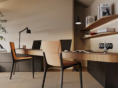 Modern Home Office Desk Setup With Two Chairs Laptop Desk Lamp Shelves And Potted Plant 3d model