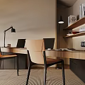 Modern Home Office Desk Setup With Two Chairs Laptop Desk Lamp Shelves And Potted Plant