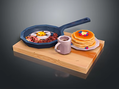 Breakfast With Fried Eggs Bacon Pancakes In Blue Frying Pan Purple Mug On Wooden Board 3d model