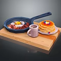 Breakfast With Fried Eggs Bacon Pancakes In Blue Frying Pan Purple Mug On Wooden Board