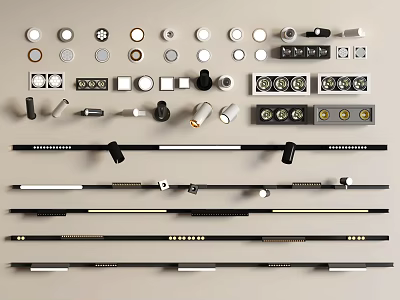 Assorted Sizes And Designs Of Downlights And Spotlights With Track Systems And Accessories 3d model