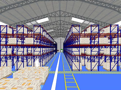 Modern Warehouse Interior Featuring Metal Storage Racks Stacked Inventory Blue Floor And Yellow Path 3d model