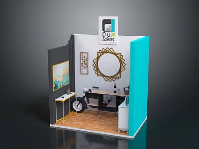 Contemporary Display Booth Featuring Turquoise Panel Circular Mirror Small Motorcycle Model And Wooden Floor 3d model