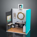 Contemporary Display Booth Featuring Turquoise Panel Circular Mirror Small Motorcycle Model And Wooden Floor