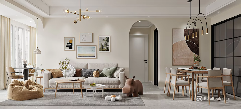 Modern Living and Dining Room Interior With Sofa Coffee Table Dining Chairs Artwork And Archway 3d model 