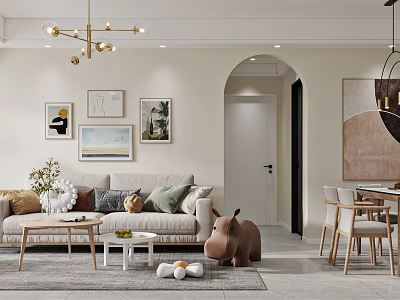Modern Living and Dining Room Interior With Sofa Coffee Table Dining Chairs Artwork And Archway 3d model