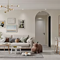 Modern Living and Dining Room Interior With Sofa Coffee Table Dining Chairs Artwork And Archway