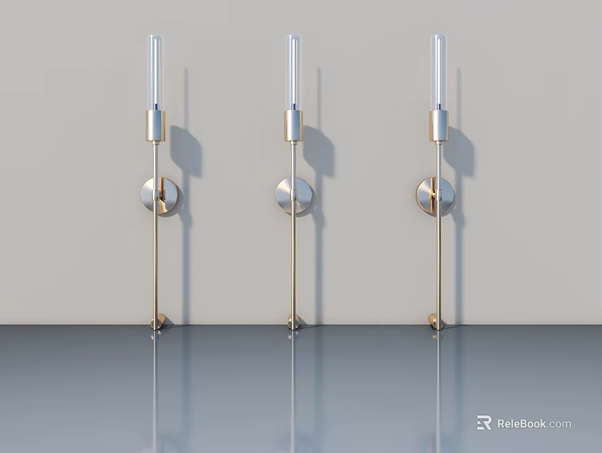 Three Modern Wall Sconces With Sleek Metal Design Mounted On Light Wall 3d model