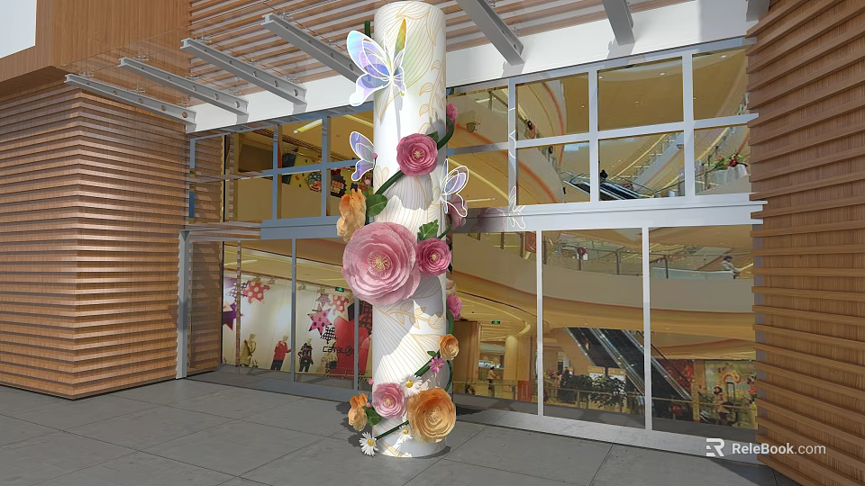Decorative Column With Colorful Paper Flowers And Butterflies In Glass Facade Building Entrance 3d model 