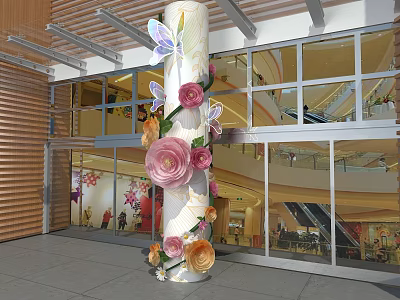 Decorative Column With Colorful Paper Flowers And Butterflies In Glass Facade Building Entrance 3d model