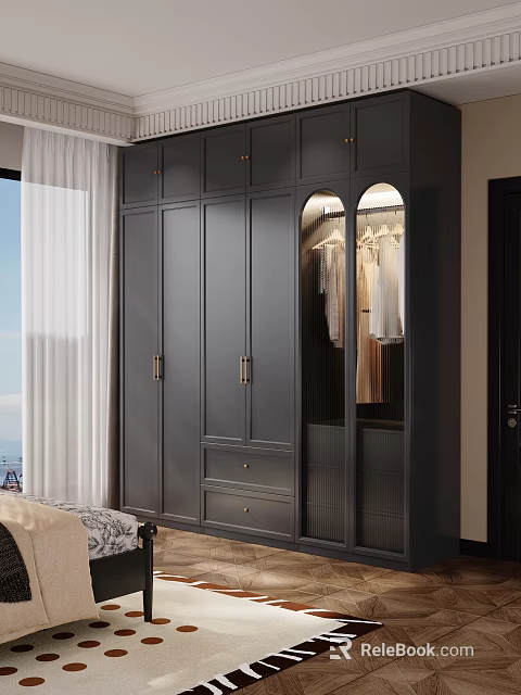 Modern Gray Wardrobe With Glass Door Brass Handles And Clothes Hanging In Bright Bedroom 3d model 
