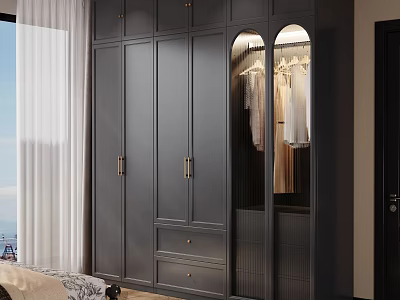 Modern Gray Wardrobe With Glass Door Brass Handles And Clothes Hanging In Bright Bedroom 3d model