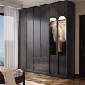 Modern Gray Wardrobe With Glass Door Brass Handles And Clothes Hanging In Bright Bedroom