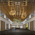 Modern Sales Office Interior With Wooden Lattice Ceiling And Woven Pendant Lights
