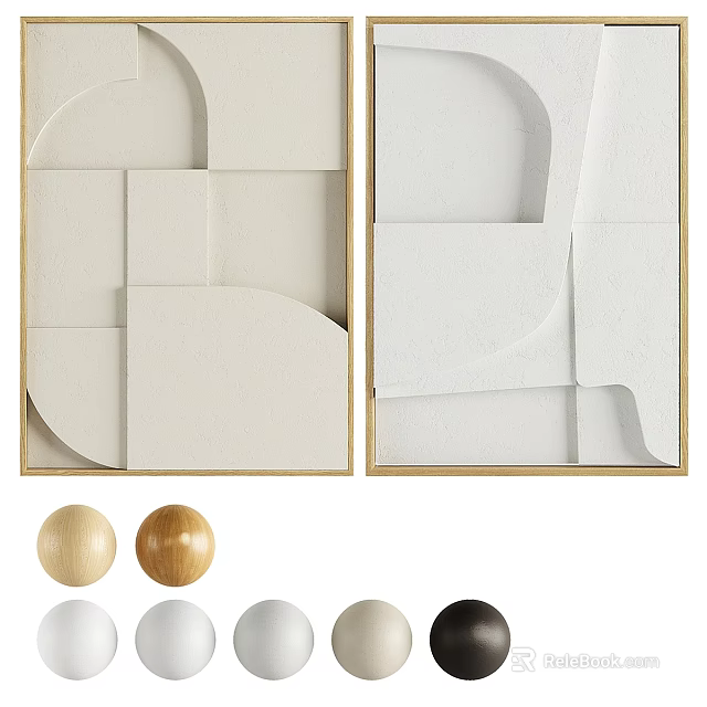 Geometric Abstract Wall Art With Wooden Frames And Decorative Spheres 3d model 