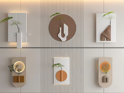 Modern Elegant Wall Hangings With Geometric Shapes Green Plants And Lighting 3d model