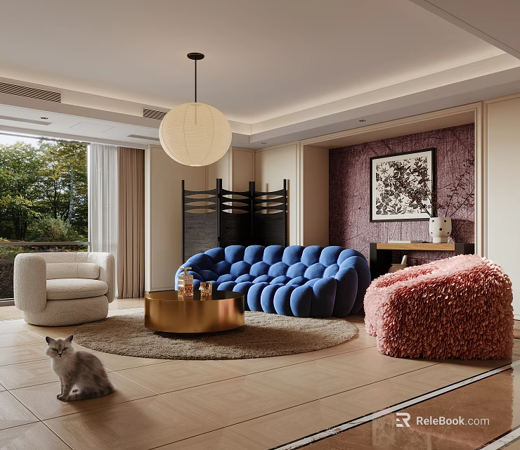 Stylish Living Room Interior With Blue Tufted Sofa Pink Fluffy Ottoman And White Armchair 3d model 