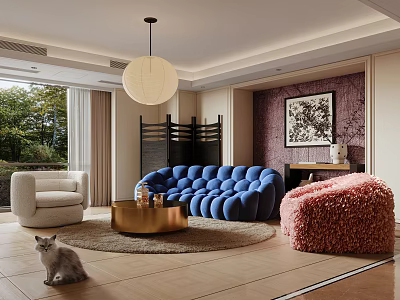 Stylish Living Room Interior With Blue Tufted Sofa Pink Fluffy Ottoman And White Armchair 3d model