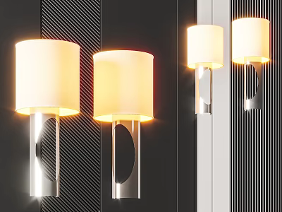 Three Modern Minimalist Table Lamps With White Shade And Metallic Stand On Vertical Striped Wall 3d model