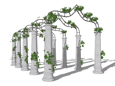Arched Pergola With White Columns And Lush Green Climbing Vines 3d model