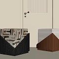 Two Modern Geometric Pattern Fabric Stools With Wooden Bases In Minimalist Interior