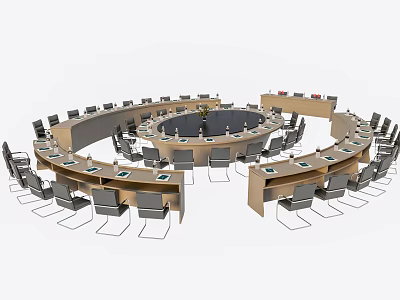 Circular Conference Table With Multiple Seats Wooden Surface And Central Area For Meetings 3d model