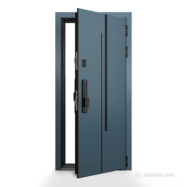Dark Blue Modern Swing Door With Glass Panel And Metal Handle Design 3d model 