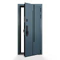 Dark Blue Modern Swing Door With Glass Panel And Metal Handle Design