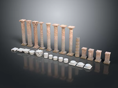 Ancient Columns Architectural Model With Various Styles And White Circular Bases 3d model