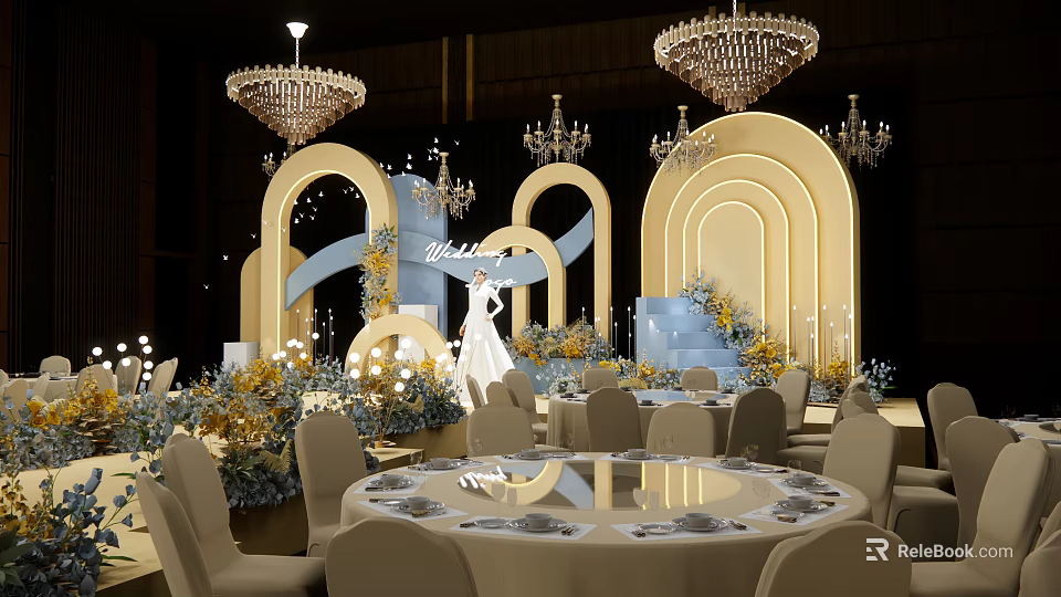 Elegant Banquet Hall With Crystal Chandeliers Golden Arched Decor Round Tables And Floral Arrangements 3d model 