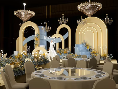 Elegant Banquet Hall With Crystal Chandeliers Golden Arched Decor Round Tables And Floral Arrangements 3d model