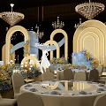 Elegant Banquet Hall With Crystal Chandeliers Golden Arched Decor Round Tables And Floral Arrangements