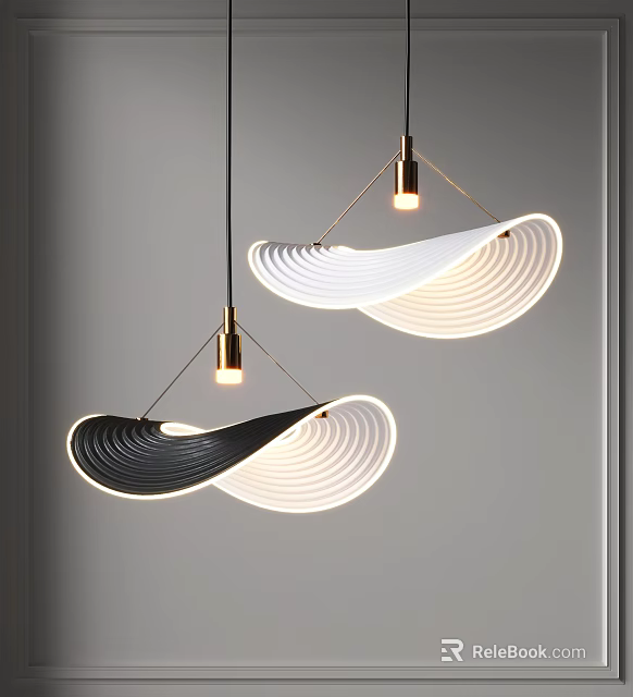 Modern Wave Shaped Chandeliers With Black And White Design And Golden Base Illuminated 3d model 