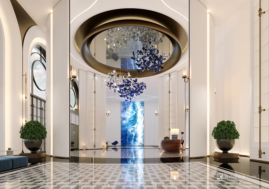Modern Luxury Hotel Lobby Interior Design With Stunning Artistic Chandelier And Polished Marble Mosaic Flooring 3d model 