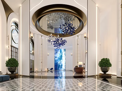 Modern Luxury Hotel Lobby Interior Design With Stunning Artistic Chandelier And Polished Marble Mosaic Flooring 3d model
