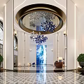 Modern Luxury Hotel Lobby Interior Design With Stunning Artistic Chandelier And Polished Marble Mosaic Flooring