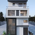 Modern Detached Villa Exterior With Two Story Structure Large Glass Windows And Balcony