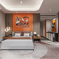 Modern Hotel Room Interior With King Bed Sofa Seating Area Circular Mirror And Area Rug