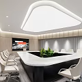 Modern Conference Room with Geometric Wall Irregular Table Rolling Chairs Green Plant and Digital