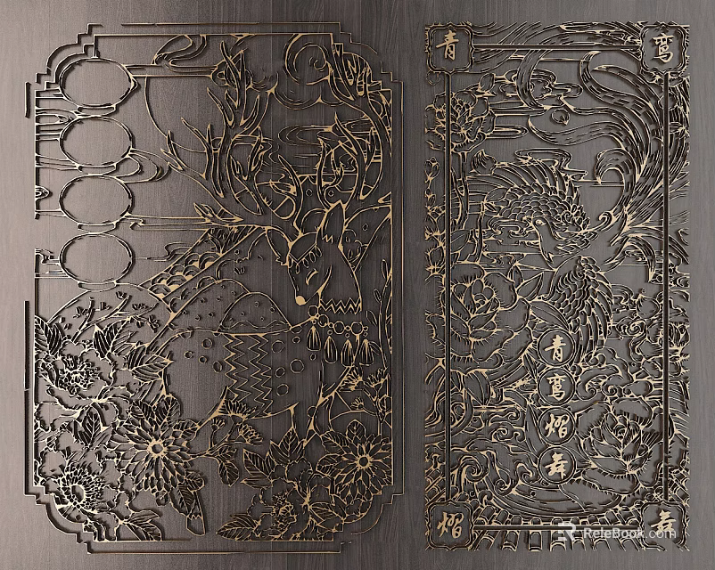Exquisite Traditional Chinese Carved Decorative Panels With Floral And Phoenix Motifs 3d model 