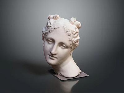 Ancient Style White Female Head Sculpture With Curly Hair Buns And Black Base 3d model