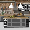 Gray Kitchen Cabinets Featuring Glass Doors Wooden Countertop Island and Brick Wall with Pendant Lights