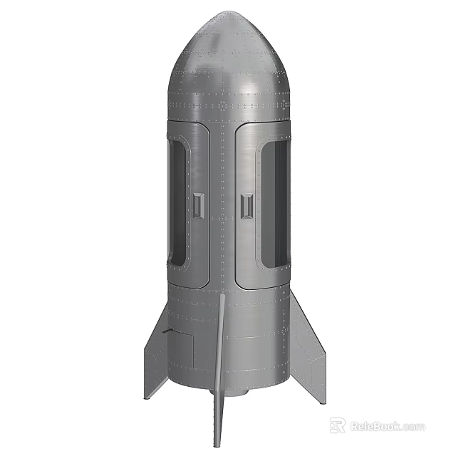 Silver Rocket Shaped Object With Windows And Fins 3d model 
