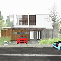 Modern Detached Villa Exterior with Trees Greenery Cars and Illuminated Entrance
