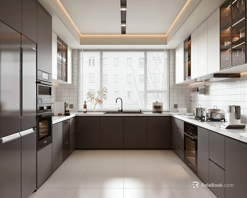 Modern Open Kitchen Interior Design With Island Counter And Appliances 3d model 