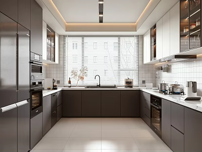 Modern Open Kitchen Interior Design With Island Counter And Appliances 3d model